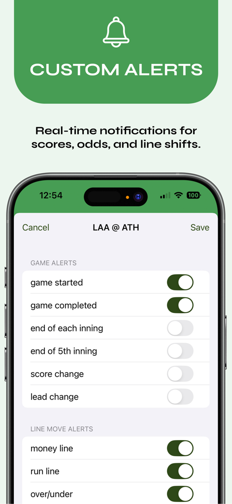 Oberfläche zum Festlegen benutzerdefinierter Benachrichtigungen für Sportergebnisse und Wettlinienbewegungen