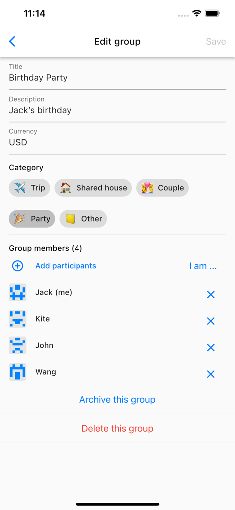 Split Bills With Friends - iPhone screen showing the edit group interface for a birthday party with a list of members including Jack, Kite, John, and Wang.