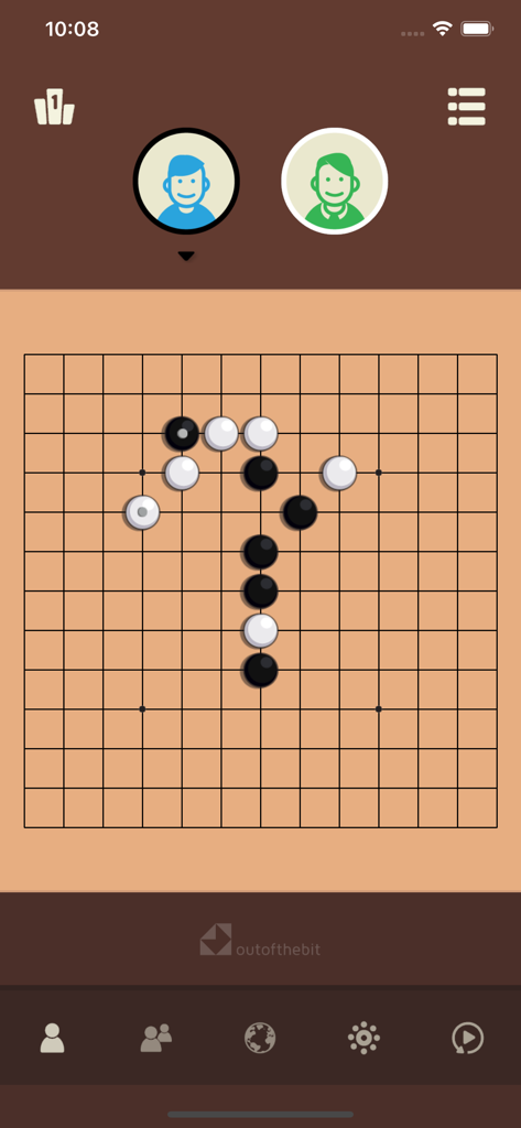 Five In a Row - Gomoku - Five in a Row board game showing black and white stones on a grid with two player avatars