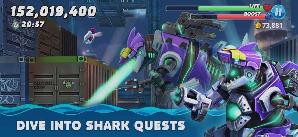 Two robotic sharks with mechanical armor and glowing eyes in an industrial port setting