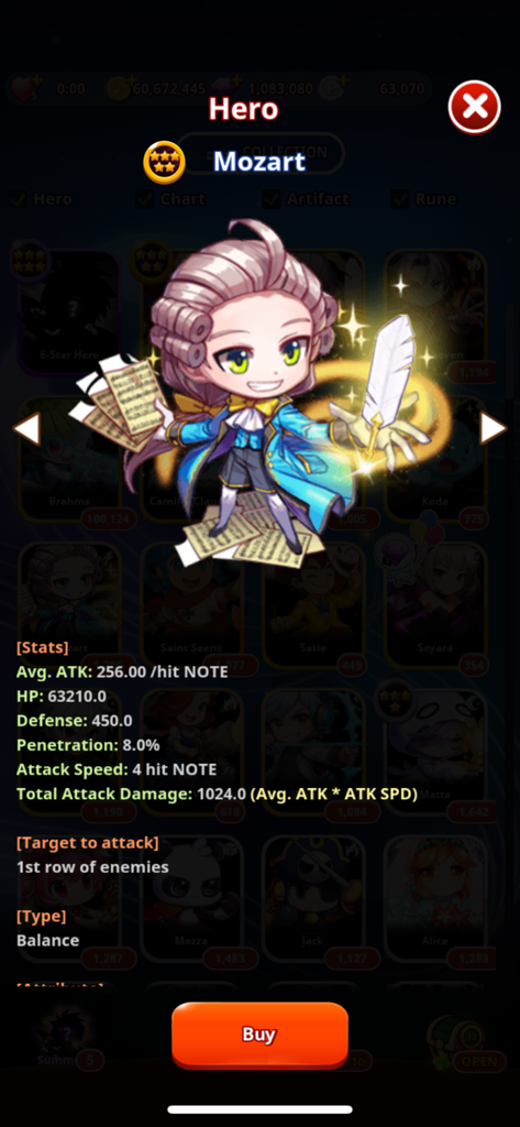 Mozart hero profile showing RPG stats in RhythmStar Music Adventure