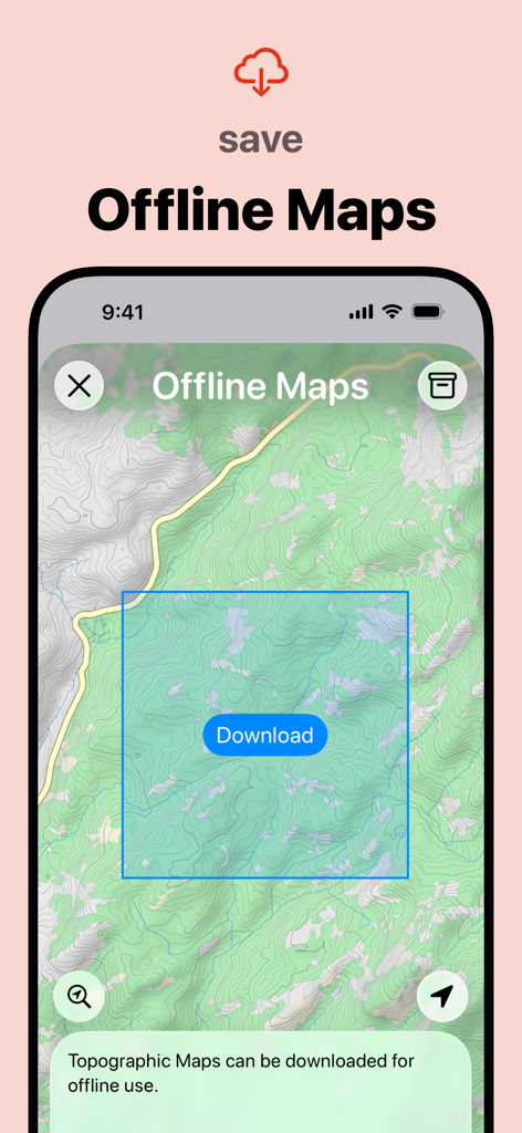 Interface of the Pedometer++ app showing the option to download topographic maps for offline use.