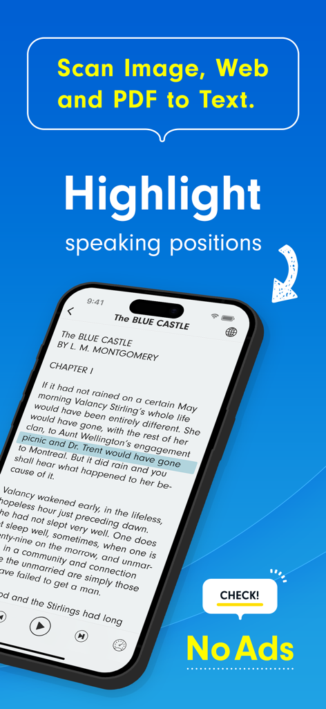 Voicepaper app interface displaying a digital book with text highlighting during audio playback and OCR features