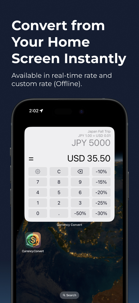 iPhone-Startbildschirm mit einem Währungsrechner-Widget mit einem Rechner und Schaltflächen für schnelle Rabattprozente