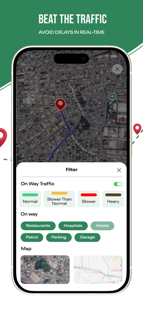 Earth Maps 3D: Live Satellite - A mobile interface for Earth Maps 3D showing real-time traffic filters and nearby points of interest like restaurants and hospitals on a satellite map.