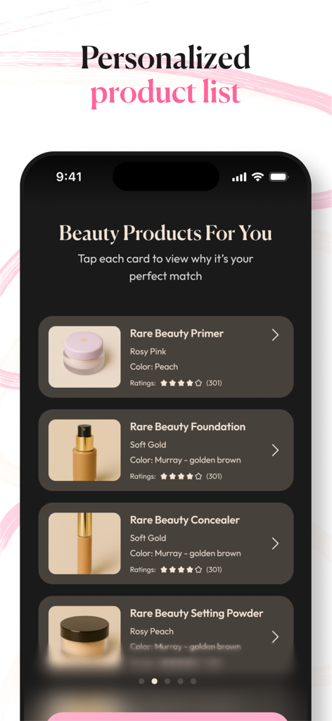 A personalized beauty product list in the GlowUp app showing recommended makeup like primer and foundation.