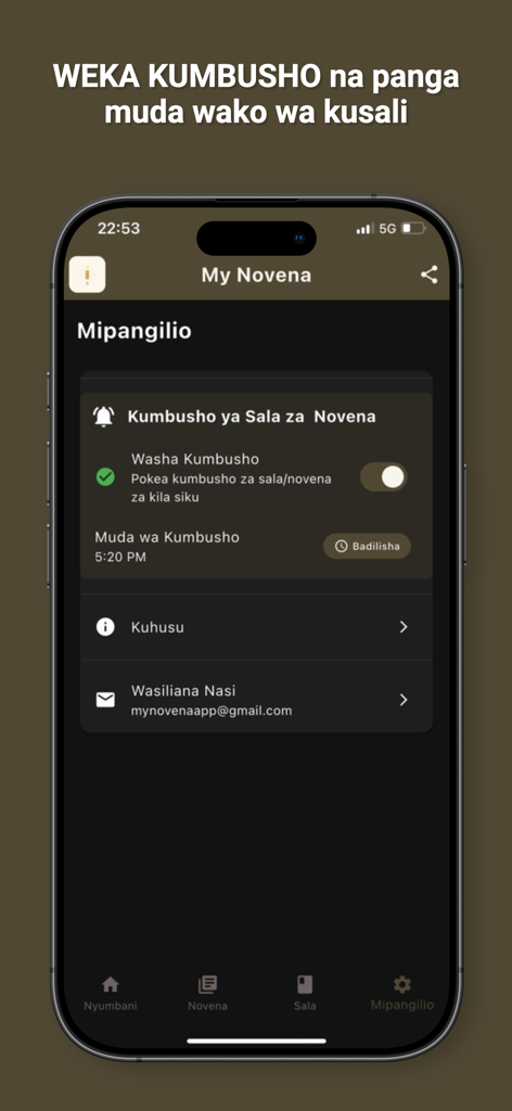 My Novena - Pantalla de configuración de la aplicación Mi Novena para recordatorios de oración diarios en suajili