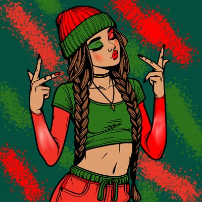 realistic teenage girl with braids and a beanie and crop top doing 🫶🏼