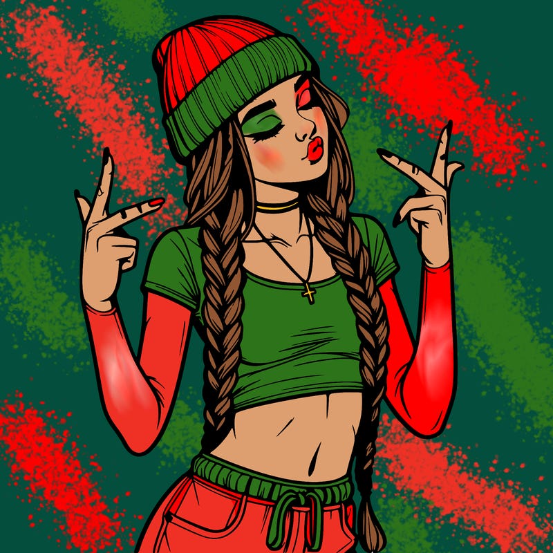 realistic teenage girl with braids and a beanie and crop top doing 🫶🏼