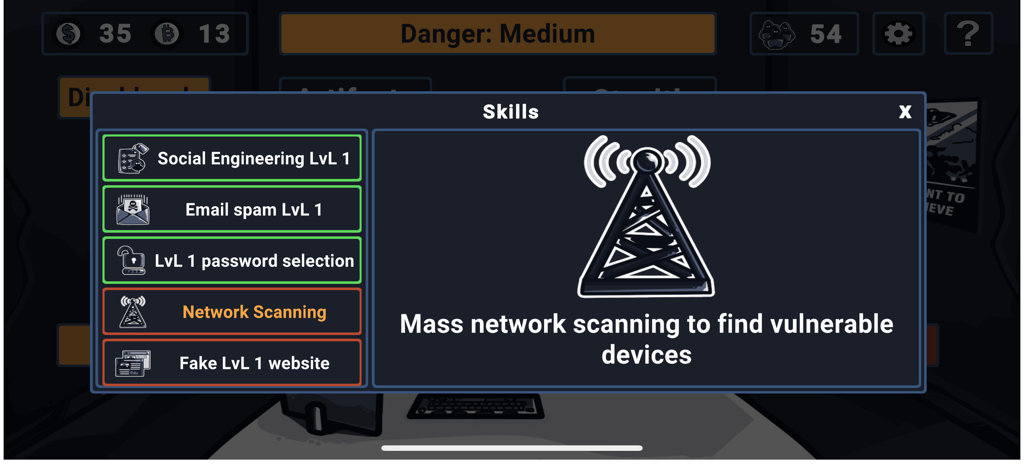 Hacker Simulator. Hacking Game - Menú del juego Hacker Simulator mostrando habilidades de hacking como escaneo de red e ingeniería social
