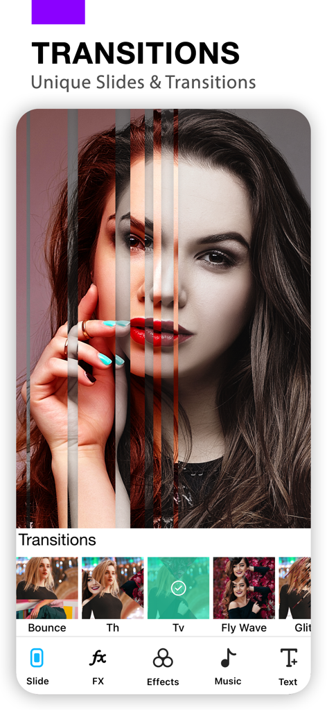 Photo Video Maker With Music - Interfaz de la aplicación Photo Video Maker que muestra transiciones de presentación únicas y opciones de edición como música y efectos.