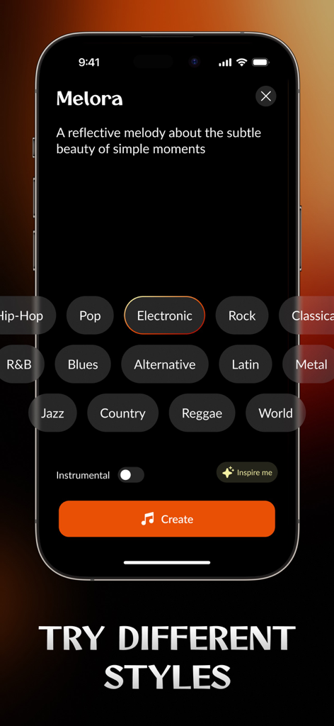 Melora: AI Music Generator - Interface of the Melora app showing various music style options like Electronic and Pop to generate AI songs