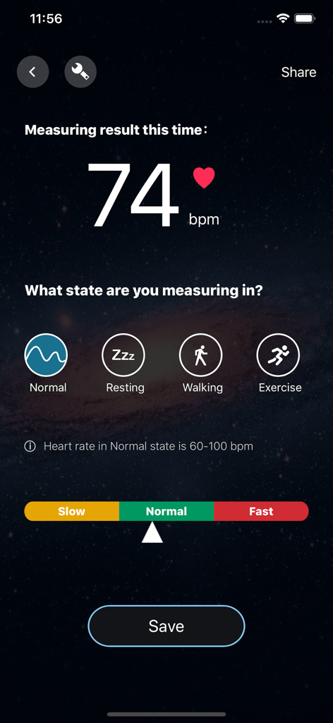 Heart Rate Pro-Health  Monitor - Heart rate measurement of 74 bpm with activity categories in the Heart Rate Pro app