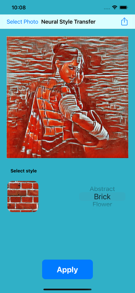 Neural Style Transfer - A woman's portrait transformed with a red brick texture filter in the Neural Style Transfer mobile app interface.