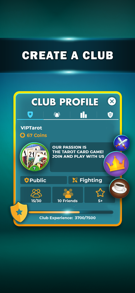 Interfaz de usuario que muestra el perfil del club y las funciones sociales en la aplicación del juego de cartas VIP Tarot