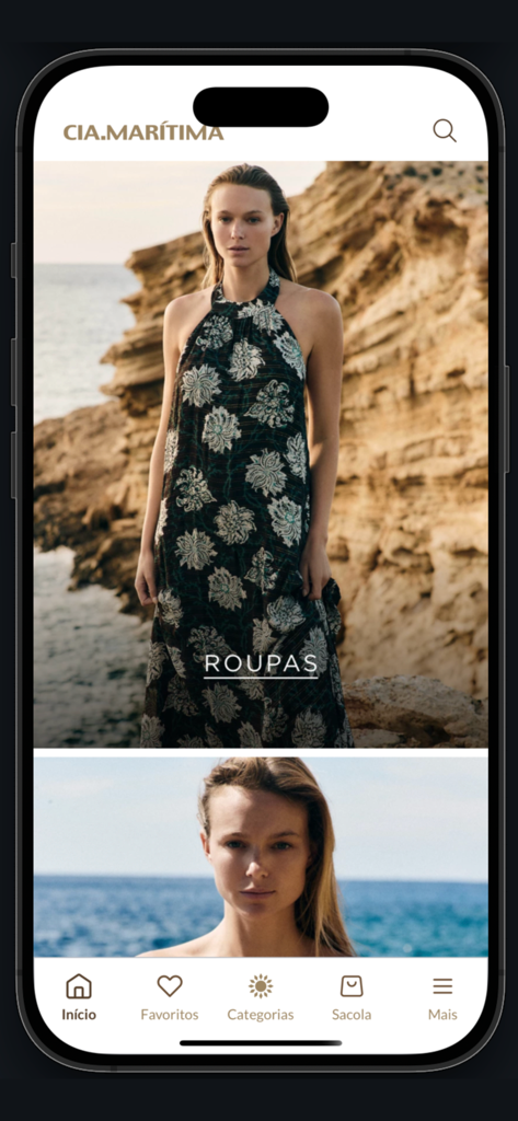 Cia Marítima - Cia Maritima mobile app home screen showing high end beachwear and resort clothing