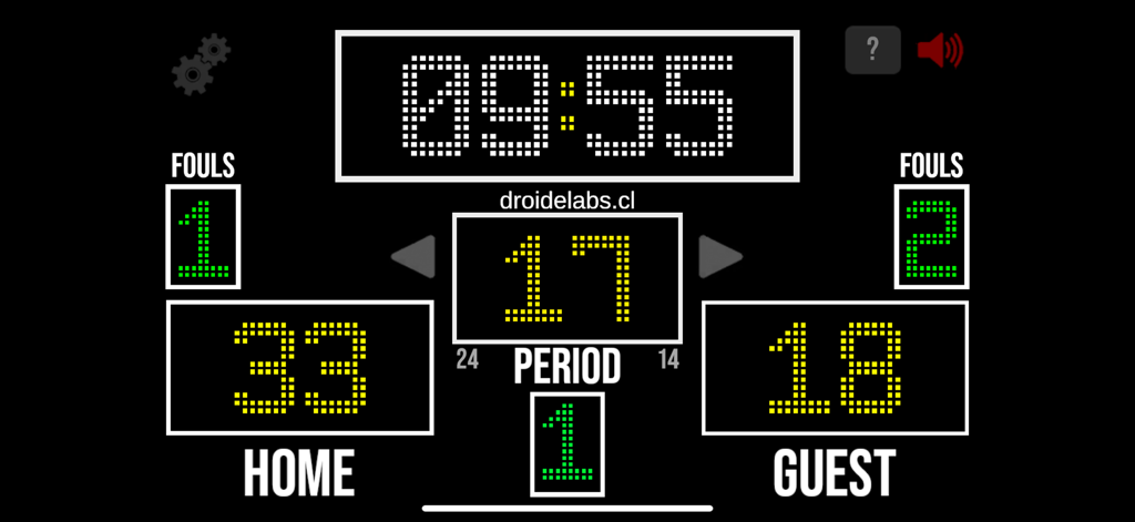 Scoreboard Basketball - DL - Digital basketball scoreboard interface with game clock, shot clock, home and guest scores, fouls, and period indicator