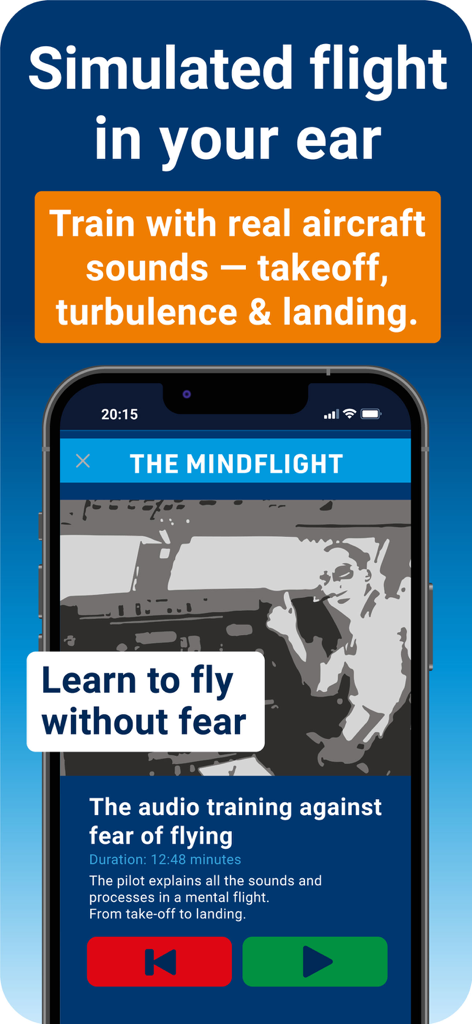 PassengerGuard: Fear of Flying - Pantalla de la aplicación PassengerGuard que muestra el entrenamiento de audio Mindflight con sonidos simulados de aeronaves para el miedo a volar.