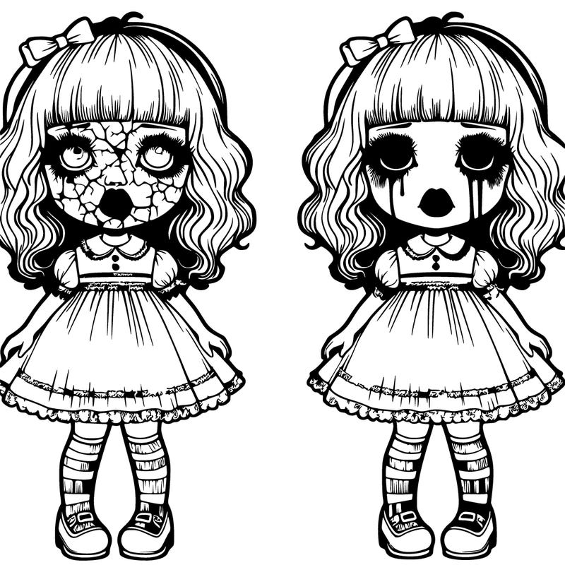 creepy and beautiful but cracked porcelain doll pouty lips with short dress, long socks, and mary janes
