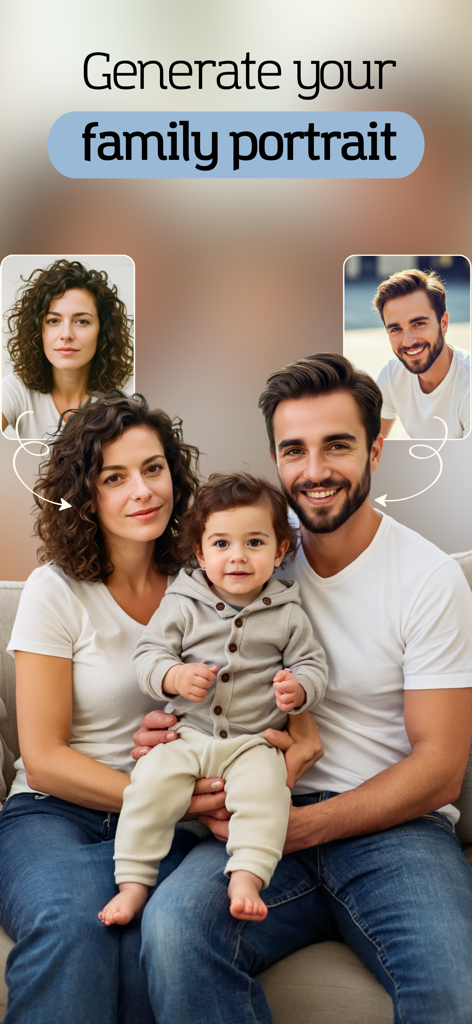 Un portrait de famille généré par IA présentant un couple et leur futur enfant prédit