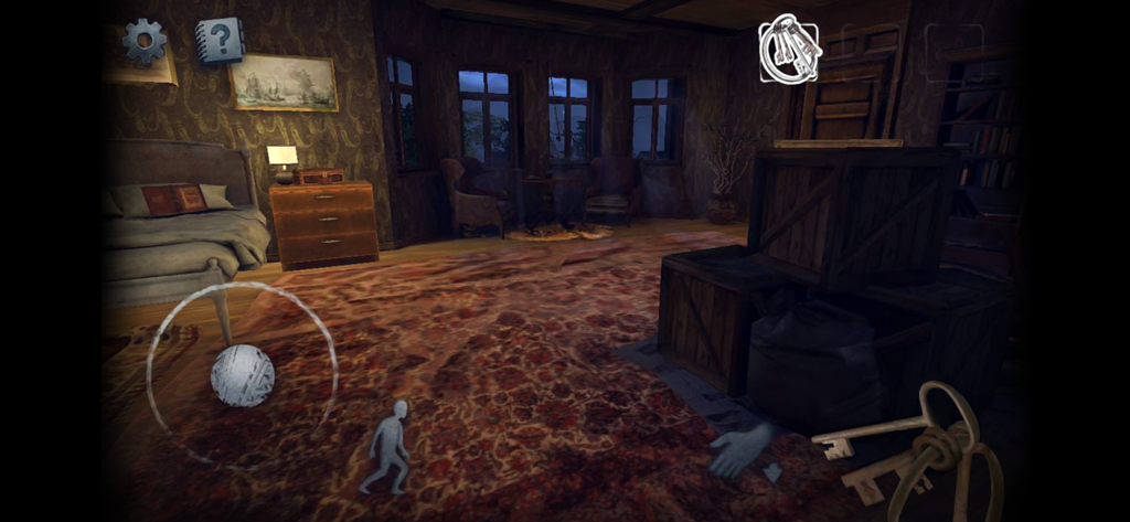 Scary Mansion：Horror Escape 3D - Scary Mansion Horror Escape 3Dの不気味な寝室の一人称視点、ステルスとパズルの要素が表示されている。