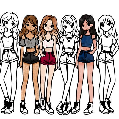 a group of girls wearing crop tops and shorts