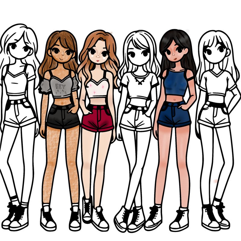 a group of girls wearing crop tops and shorts