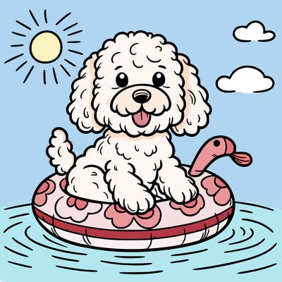 a cocakpoo dog in a floaty enjoying summer