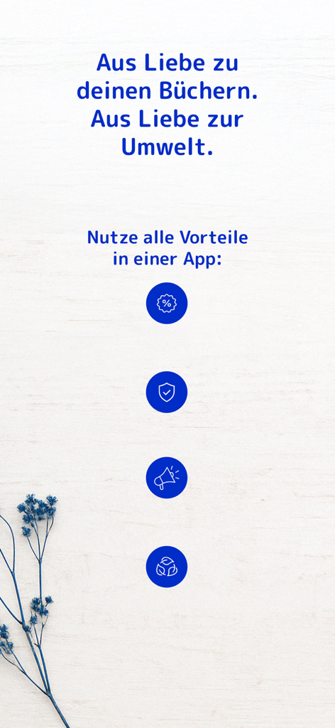 Medimops app screen promoting sustainability and shopping benefits with icons for discounts and quality checks