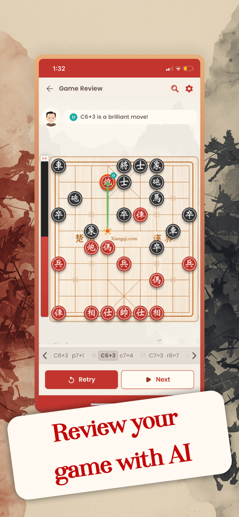 Xiangqi Chinese Chess Online - Pantalla de la aplicación Xiangqi Ajedrez Chino que muestra la revisión de una partida impulsada por IA con análisis de movimientos.