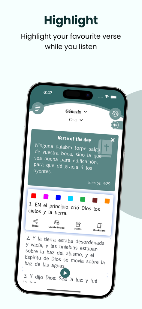 La Biblia del Oso 1569 + Audio - App interface for La Biblia del Oso showing verse highlighting and daily verse features