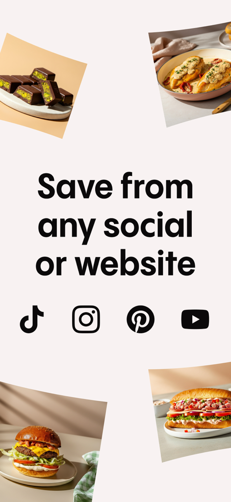 Recipe Keeper & Saver - Recify - Écran de l'application Recify montrant comment enregistrer des recettes alimentaires depuis TikTok Instagram Pinterest et YouTube