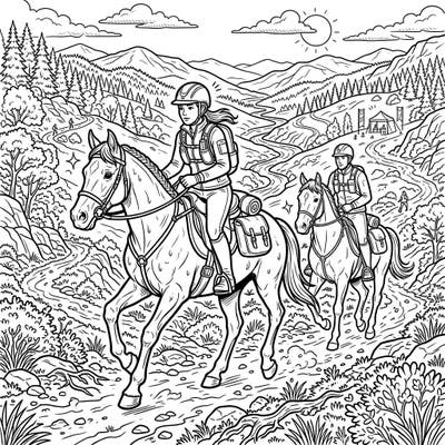 Embark on an exhilarating coloring journey with our endurance riders template, showcasing equestrian athletes and their horses in a thrilling long-distance race. This dynamic scene invites you to add vibrant life to every mountain, trail, and determined rider.
