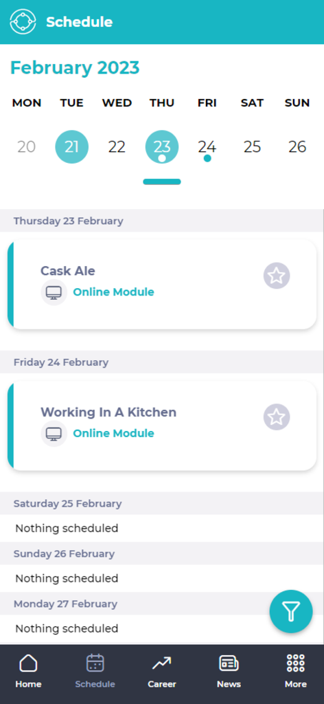 Mapal One - Mapal One app schedule screen showing upcoming online training modules and a calendar view.