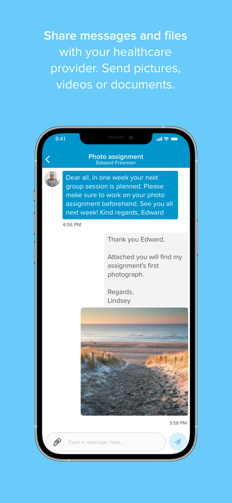 Karify mobile app interface showing a secure chat between a patient and healthcare provider for submitting a photo assignment