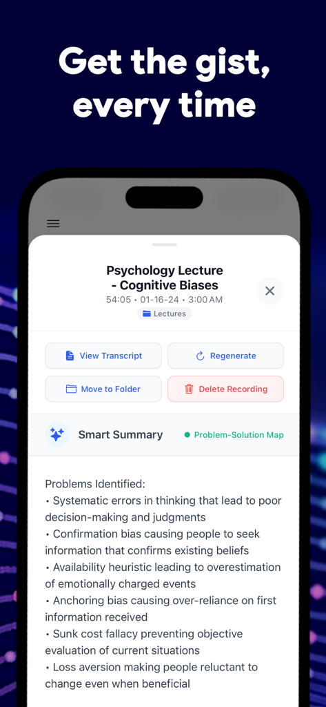 Gist: Transcribe Audio to Text - Interface of Gist app showing a smart summary of a psychology lecture on cognitive biases.