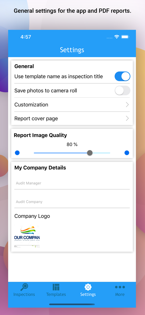 Settings screen of the OnSite Checklists app showing report image quality and company branding options