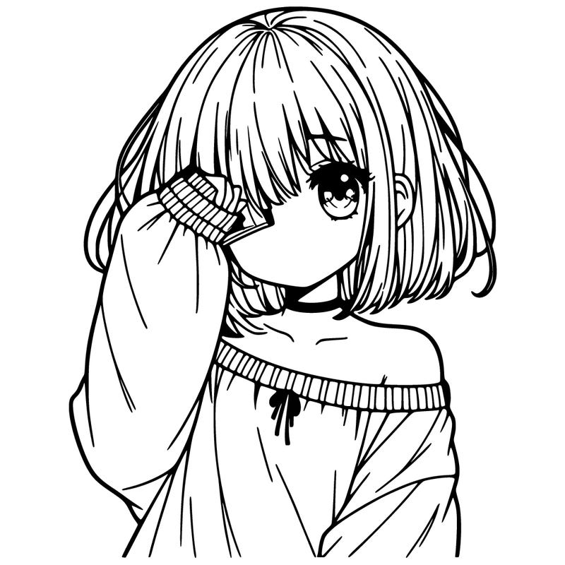 cute anime girl with bangs covering one eye with cute of shoulder t-shirt