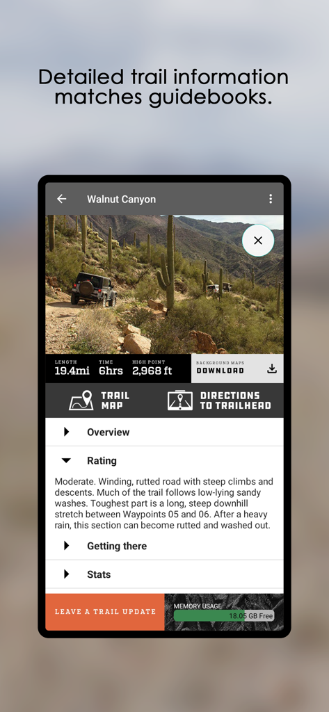 FunTreks 4x4 Offroad Trails - Detailed trail information in the FunTreks app for Walnut Canyon offroad path