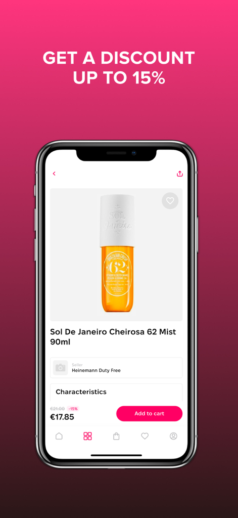 MyDutyFree Mobile app displaying a discount on Sol De Janeiro fragrance mist