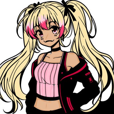 anime girl with low ponytail wearing a crop top and a leather jacket