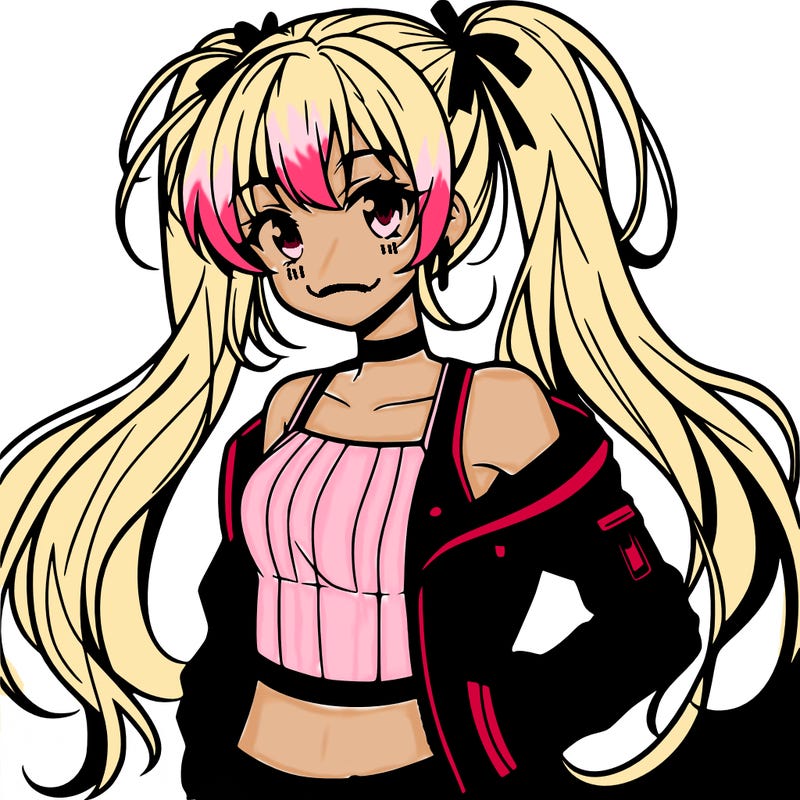 anime girl with low ponytail wearing a crop top and a leather jacket