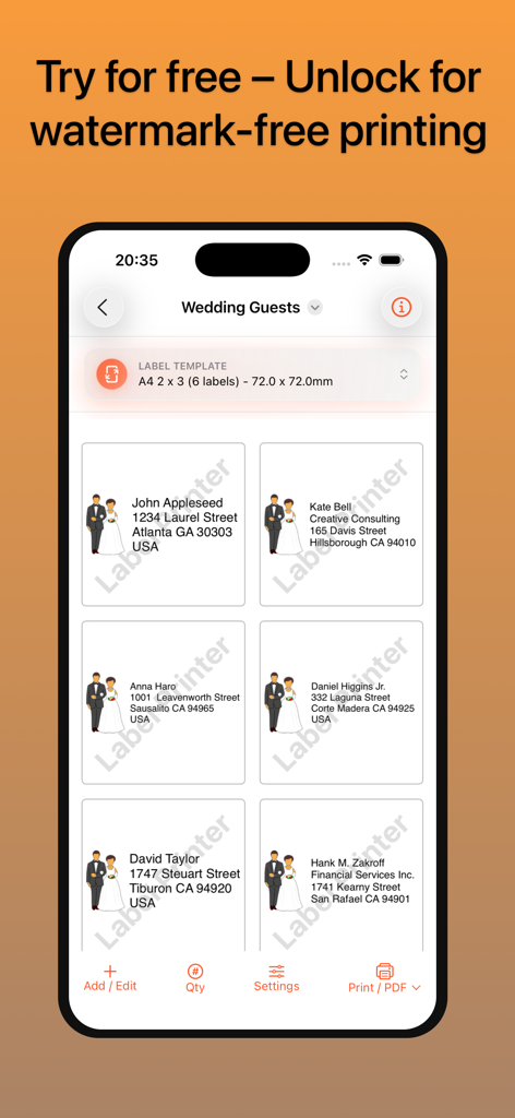 Una pantalla de iPhone que muestra la aplicación Impresora de Etiquetas con una lista de etiquetas de direcciones de invitados de boda con un ícono de pareja.