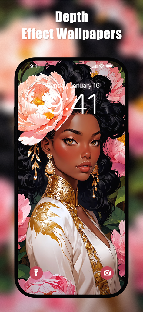 Melanin Wallpapers 4K | HD - Smartphone lock screen displaying a 4K melanin wallpaper of a Black woman with floral art and depth effect