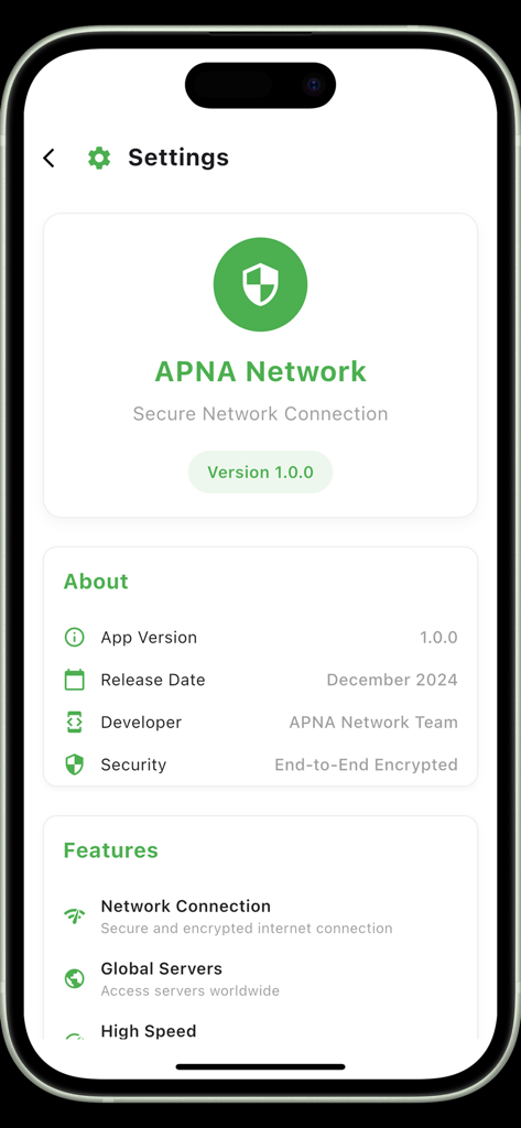 APNA TUNNEL - Tela de configurações do aplicativo APNA TUNNEL mostrando a versão do aplicativo, data de lançamento e recursos de criptografia de ponta a ponta.