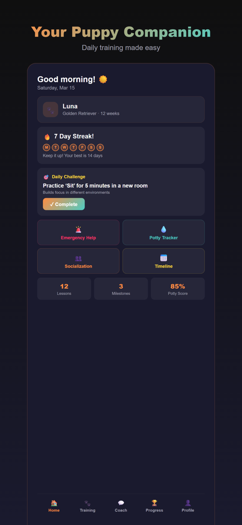 PupCoach — AI Puppy Training - PupCoach app home screen showing a 7-day training streak daily challenge for a Golden Retriever puppy and training statistics