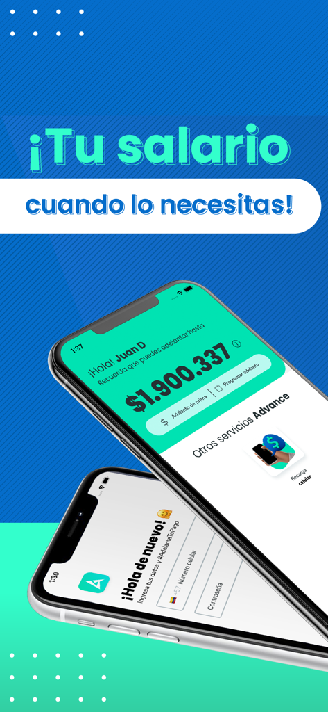 Dos teléfonos móviles mostrando la interfaz de la app Advance para acceso a salario ganado y adelantos de sueldo