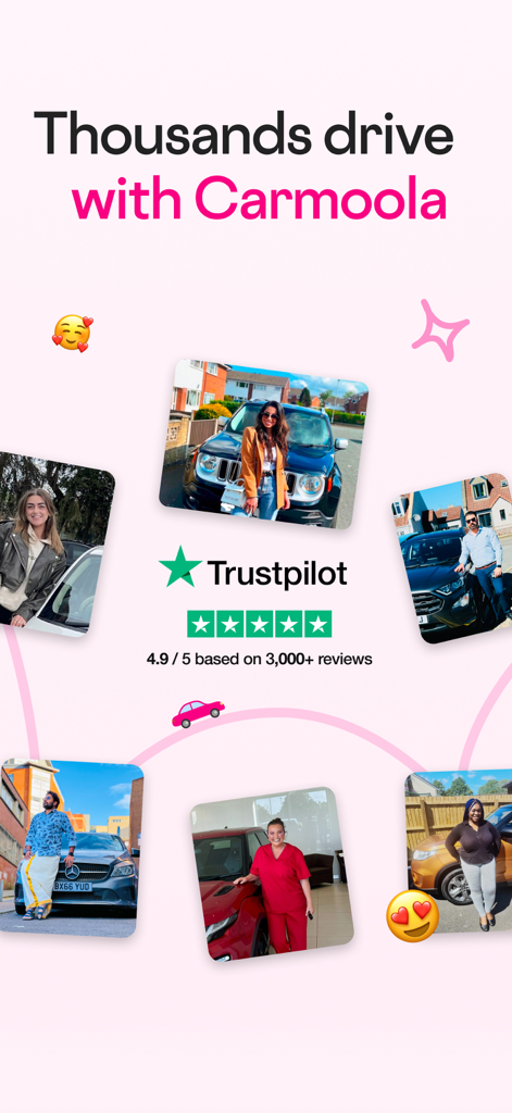 Carmoola app screen featuring customer photos and a five star Trustpilot rating