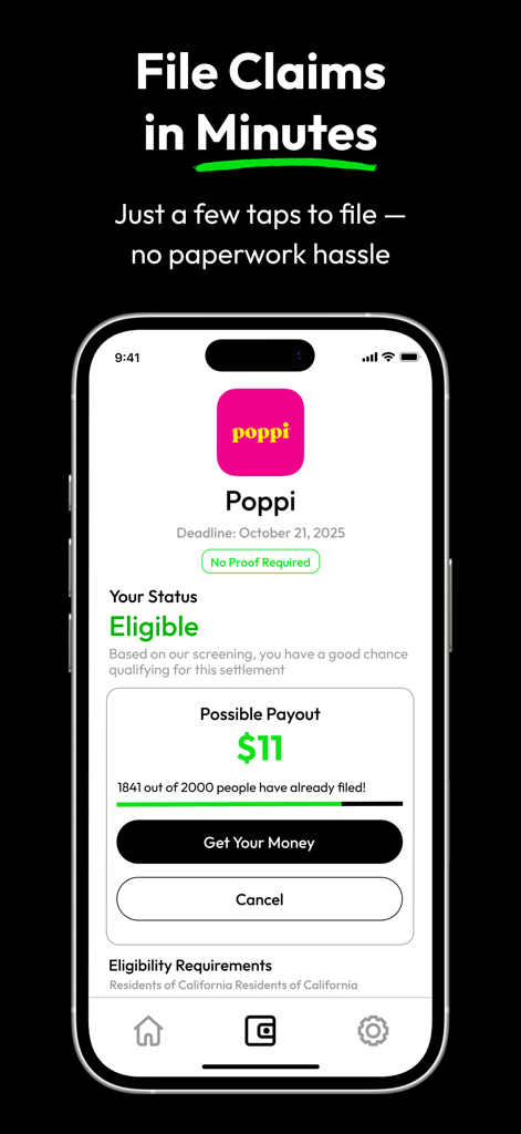 PayBacker: Hidden Payouts - PayBackerアプリのインターフェース。集団訴訟の支払い請求の資格ありステータスを表示しています。