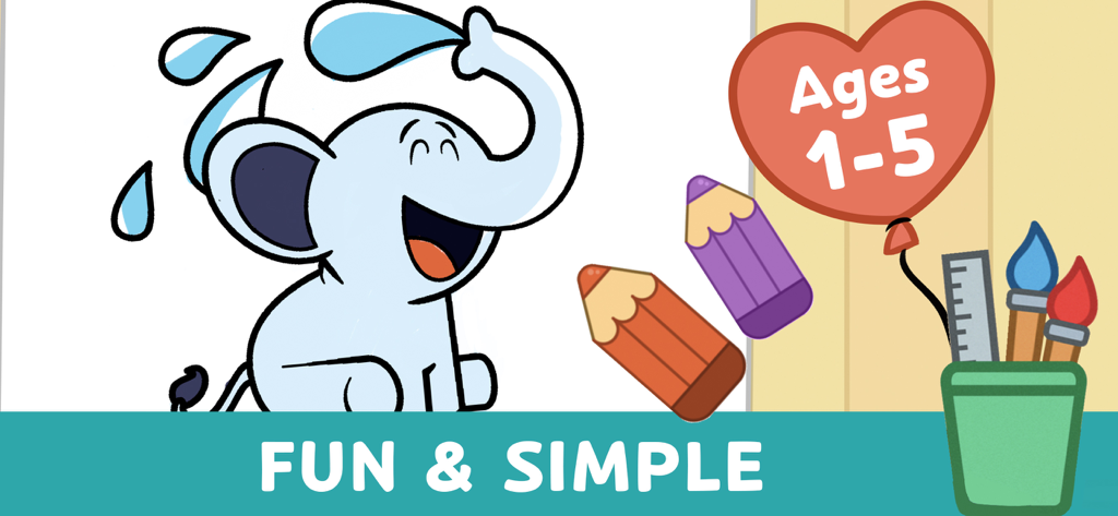 Kids Coloring Games & Drawing - Um elefante de desenho animado feliz espirrando água cercado por lápis de cor e material de arte para crianças de 1 a 5 anos